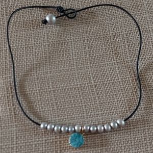 New Handmade Silver Pearl, Lt. Blue Quartz & Black Leather Necklace